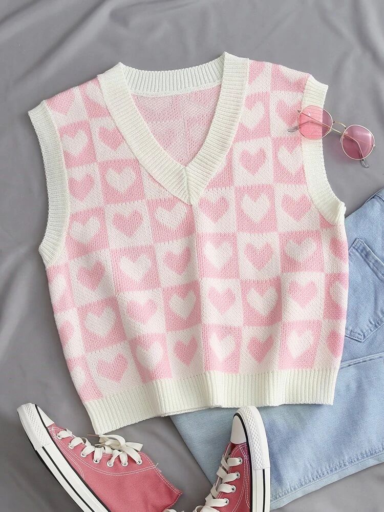 Heart & Checker Pattern Sweater Vest | SHEIN