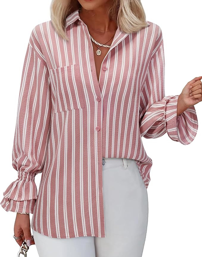 Women's Striped Button Down Shirt Smocked Cuffed Boyfriend Blouse Ruffle Sleeve Casual Tunic Tops... | Amazon (US)
