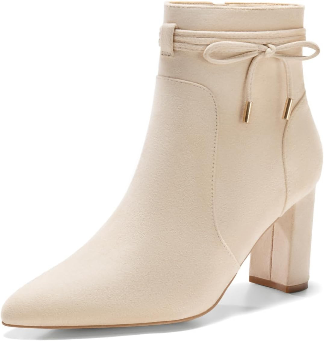 Coutgo Womens Pointed Toe Ankle Boots Chunky Block Heel Tie Knot Side Zipper Dressy Booties | Amazon (US)