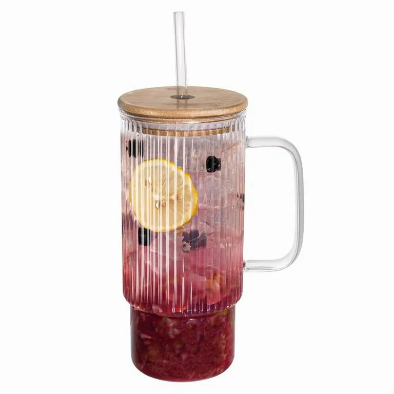 32oz Ribbed Glass Cup with Handle Bamboo Lid and Straw, Glass Tumbler, Iced Coffee Cups Hot/Cold ... | Walmart (US)