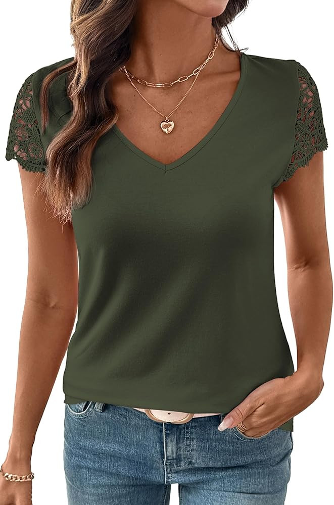 SHEWIN Womens Lace Tops Casual V Neck Short Sleeve Shirts Loose Tunic Top 2026 | Amazon (US)
