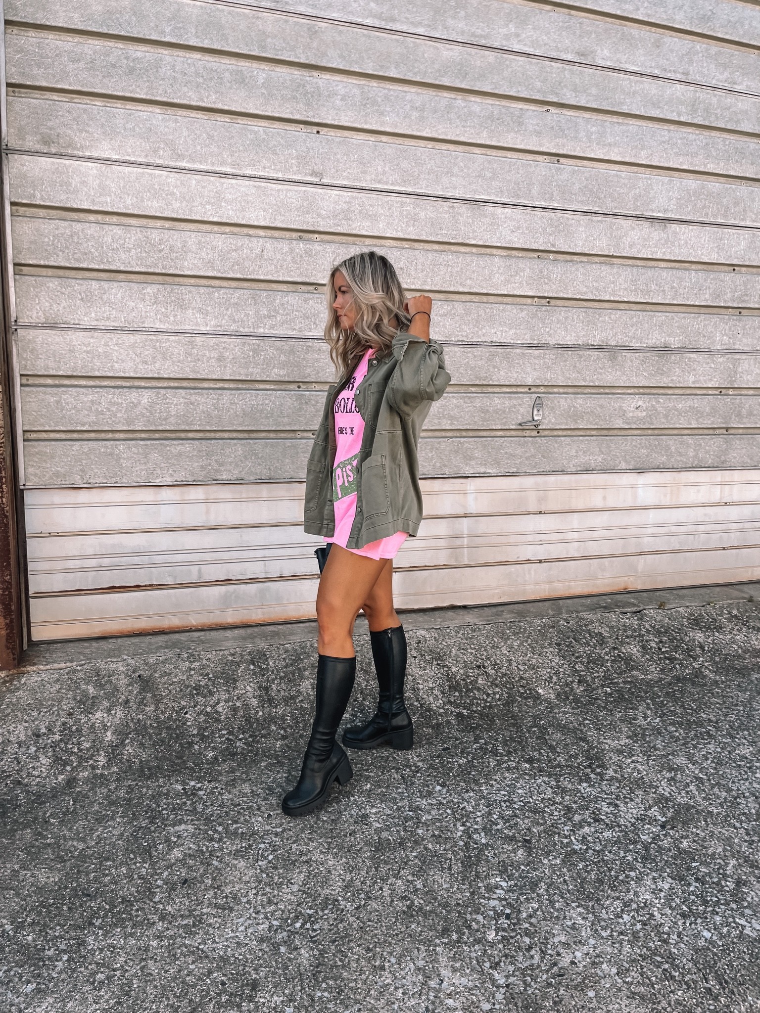 Concert tee, green cargo jacket, tall boots, fall outfit, fall fashion? 

#LTKunder50 #LTKshoecrush #LTKunder100