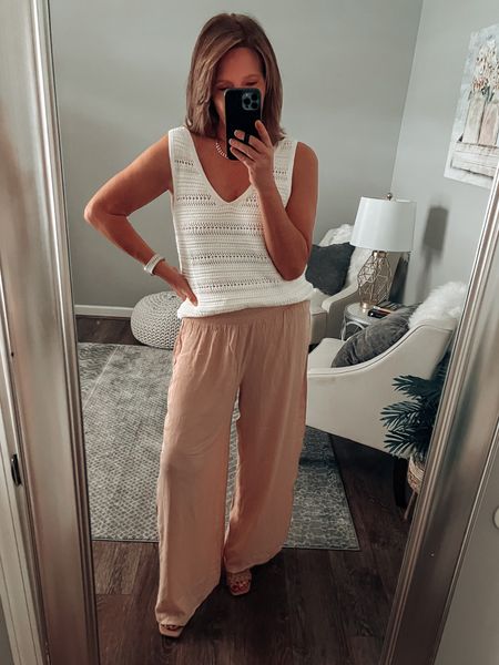Reverse sweater can be worn as a v neck or round neck, on sale 25% off only $28. Gap/BR card members get an extra 25% off. Wide leg pants from Pink lily, fits tts, wearing medium, use code MAY20 for an extra 20% off. 

Sale, summer pants, summer outfits, business casual, vacation outfit, date night, fashion over 40, amazon heeled sandals, sandals, tops 

#LTKstyletip #LTKsalealert #LTKunder50