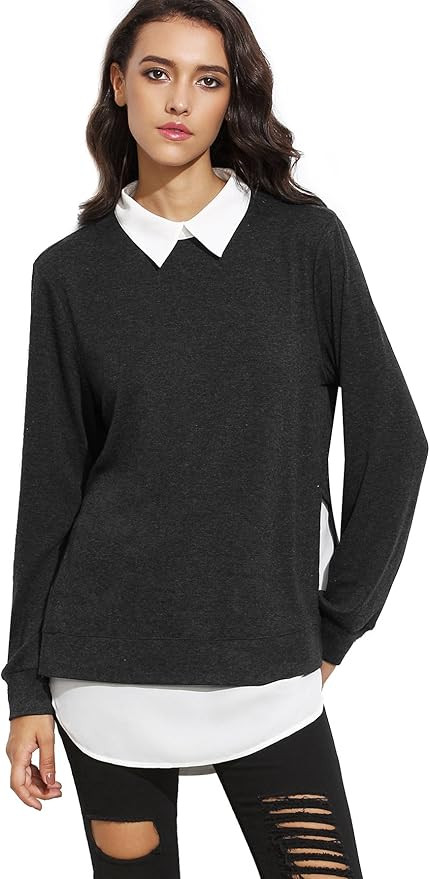 Romwe Women's Classic Collar Long Sleeve Curved Hem Pullover Sweatshirt | Amazon (US)