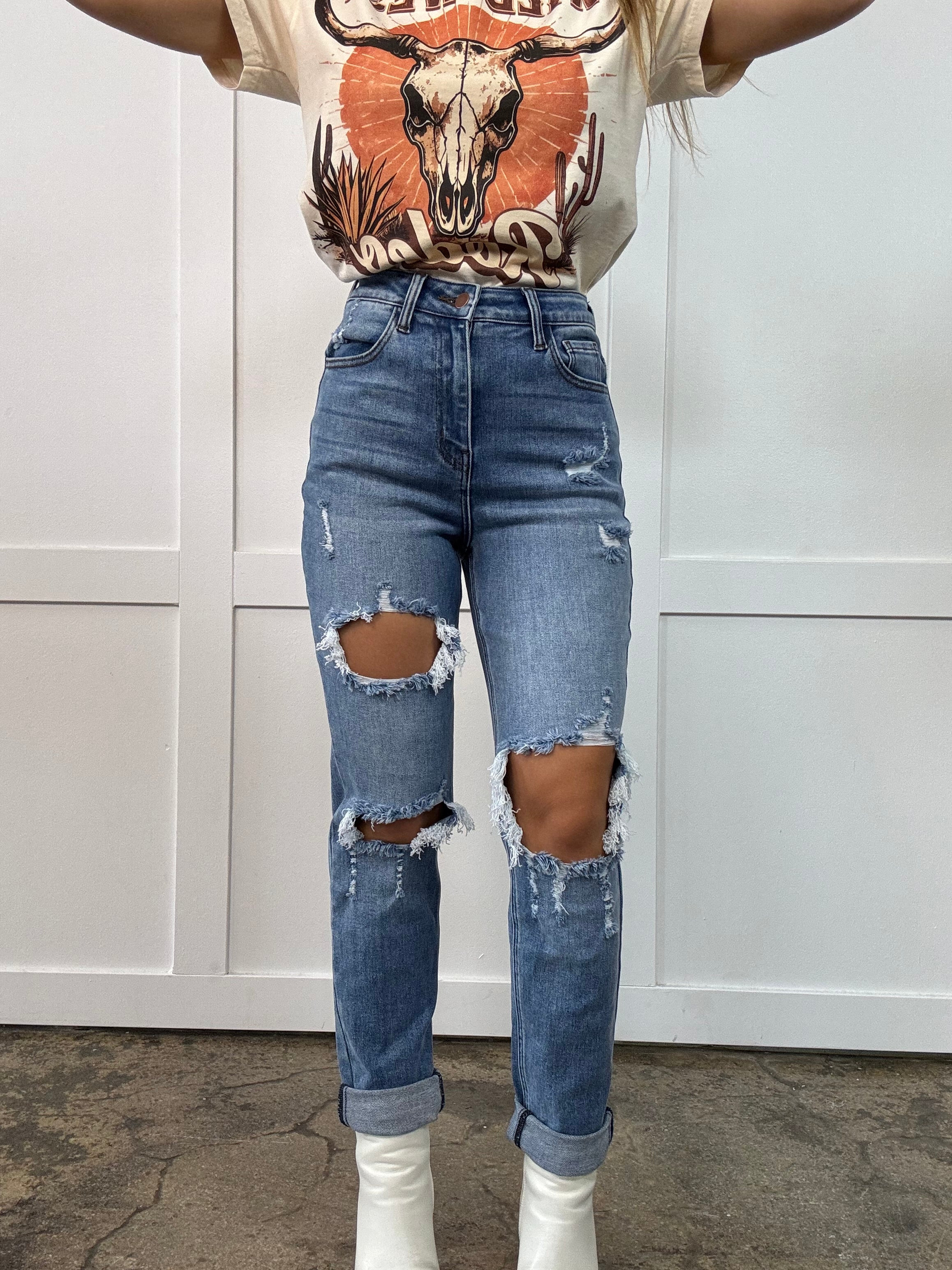 Lindsey Distressed Boyfriend Stretchy Jeans - Medium Wash | Willow Boutique