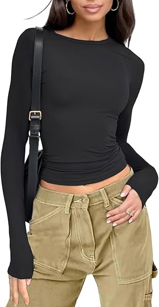 Womens Long Sleeve Shirts Basic Tees Y2k Slim Fit T Shirt Crew Neck Trendy Crop Top Casual | Amazon (US)