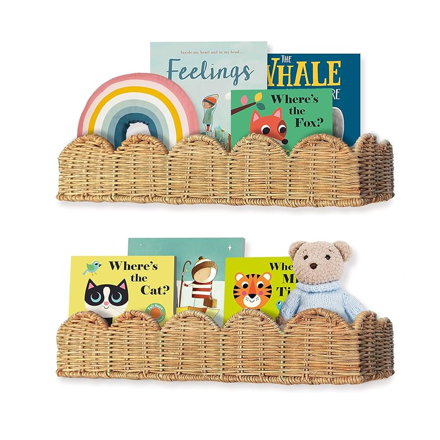 Nursery Book Shelves Set of 2 - Artisanal Natural Rattan Scalloped Book Shelf for Kids Rooms 15.8... | Amazon (US)