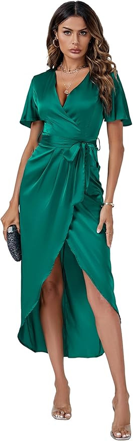 LYANER Women's Satin Wrap V Neck Ruched Short Sleeve Ruched Tie Waist Slit Split Hem Cocktail Mid... | Amazon (US)