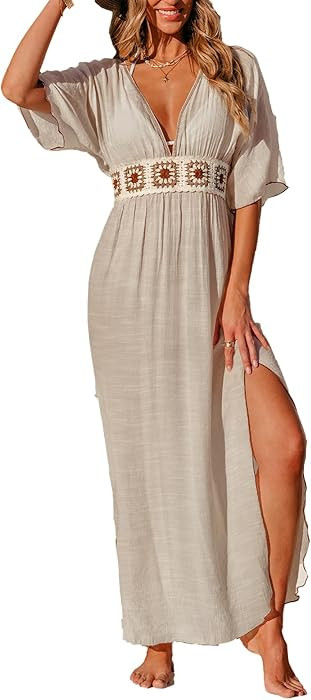 CUPSHE Women Swimsuit Coverup Deep V Neck Half Sleeve Maxi Coverup Dress, Khaki, X-Large : Amazon... | Amazon (CA)