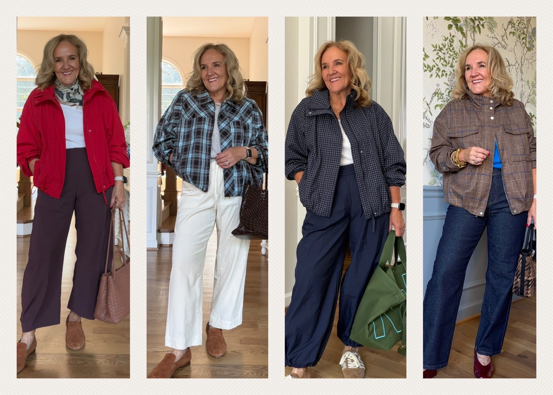 Four new trending jackets for fall
The red jacket and the navy small check both from LOFT. I’m wearing a small, and they’re more like a wind jacket.
The blue and brown plaid from petal and pup is a size medium. The sleeves are pretty long so I pushed them up and held them in place with elastics. I’ll share that trick soon.
Jacket on the far right is from target. It feels like a flannel shirt it’s fully lined. It has a small bright blue line in the plaid. That’s really pretty. I’m wearing a small.

Fall, trending jackets, fall jackets, funnel, neck, jackets, bomber jacket

#LTKOver40 #LTKSaleAlert #LTKSeasonal