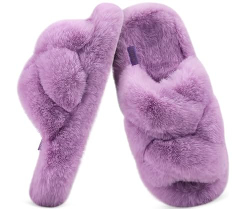 COFACE Women's Fluff Slippers House Open Toe Faux Fur Ladies Fashion Platform Fuzzy Slide Shoes with Comfort Arch Support, Indoor Outdoor Sole, Light Purple Size 10 | Amazon (US)