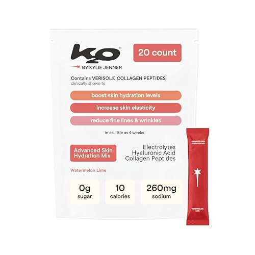 k2o by Kylie Jenner Advanced Skin Hydration Mix with Electrolytes, Hyaluronic Acid & Verisol Collagen Peptides - Clinically Shown to Boost Hydration & Reduce Wrinkles - 20 Count (Watermelon Lime) | Amazon (US)