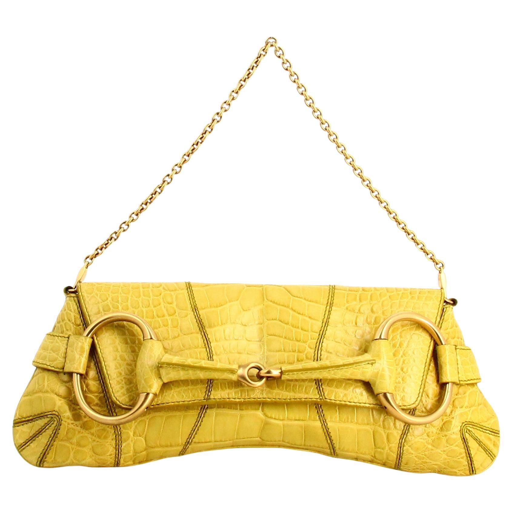 2000's Gucci Horsebit Chain Crocodile Shoulder Bag Yellow | 1stDibs