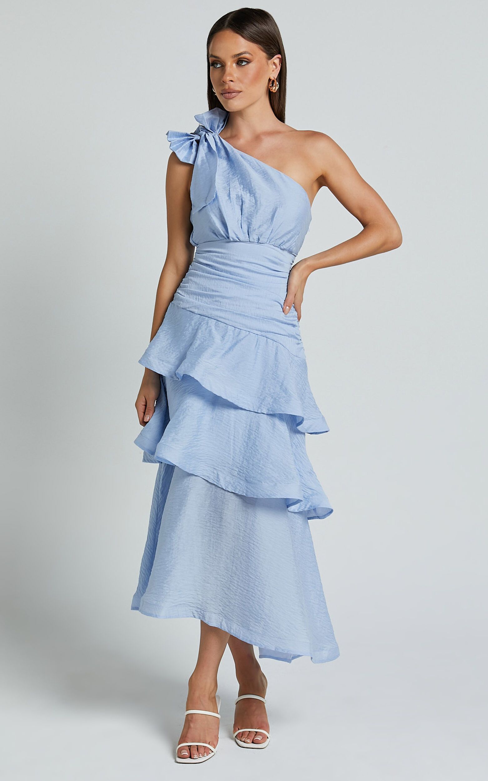 Eugenia Midi Dress - One Shoulder Fit and Flare Layered Dress in Pale Blue | Showpo (US, UK & Europe)