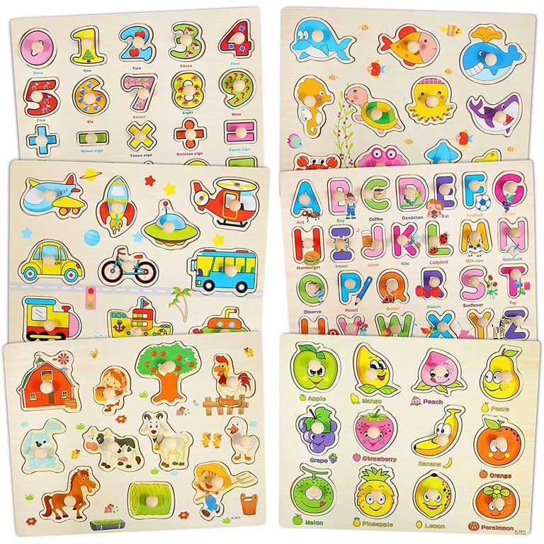 Mounchain 6 Pack Wooden Peg Puzzles for Toddlers, Great Gift for Girls and Boys Christmas, Alphab... | Walmart (US)