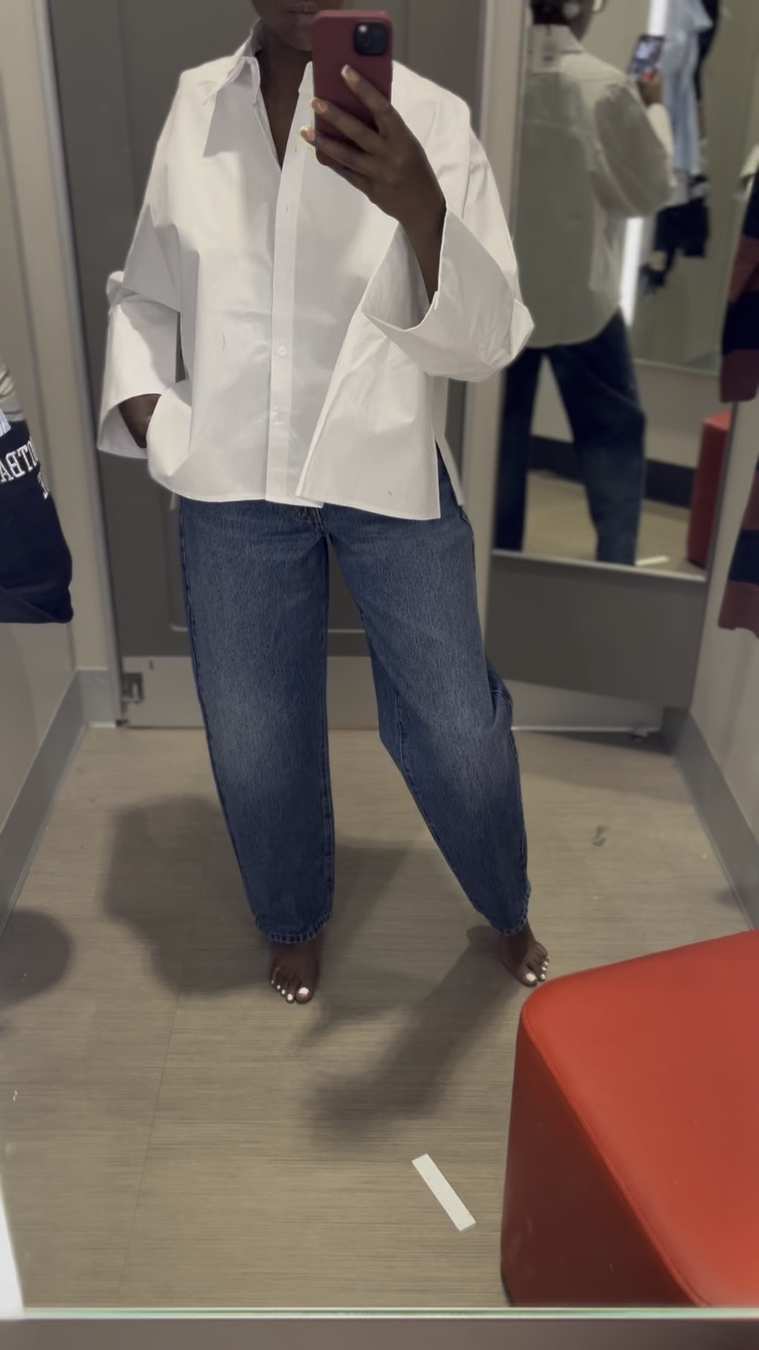 KBB x Target Drop 
Shirt size small 
Jeans size 4 
Both run big, so size down if you want a less oversized fit. 

#LTKSaleAlert #LTKFindsUnder50 #LTKStyleTip