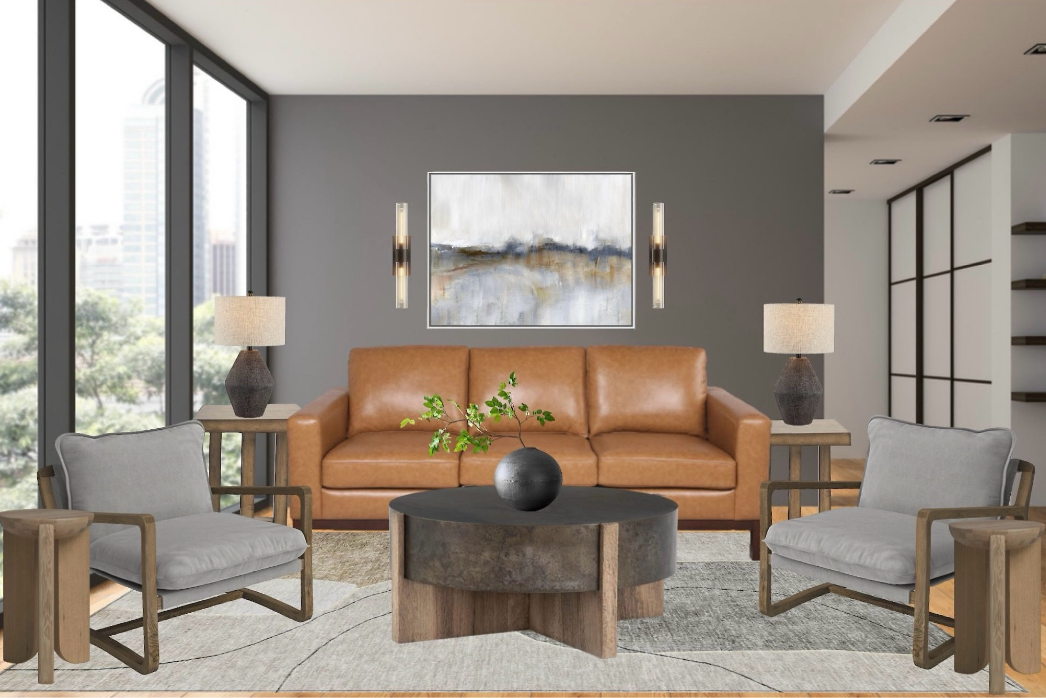 Moody Organic Modern living room all from Wayfair!  Leather sofa, accent chairs, coffee table, end tables, lighting, rug and art come together for cohesive room with elevated look on a budget. 

#LTKSummerSales #LTKSaleAlert #LTKHome