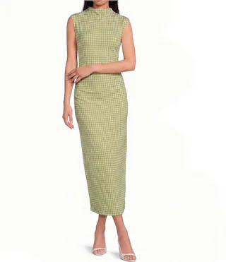 Gianni Bini Knit Gingham Print Mock Neck Cap Sleeve Bodycon Midi Dress - L | Dillard's