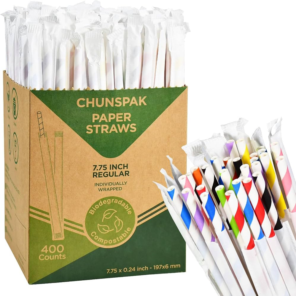 Individually Wrapped Disposable Paper Drinking Straws 7.75'' x 0.24'' - Assorted Colors [400 Counts] | Amazon (CA)