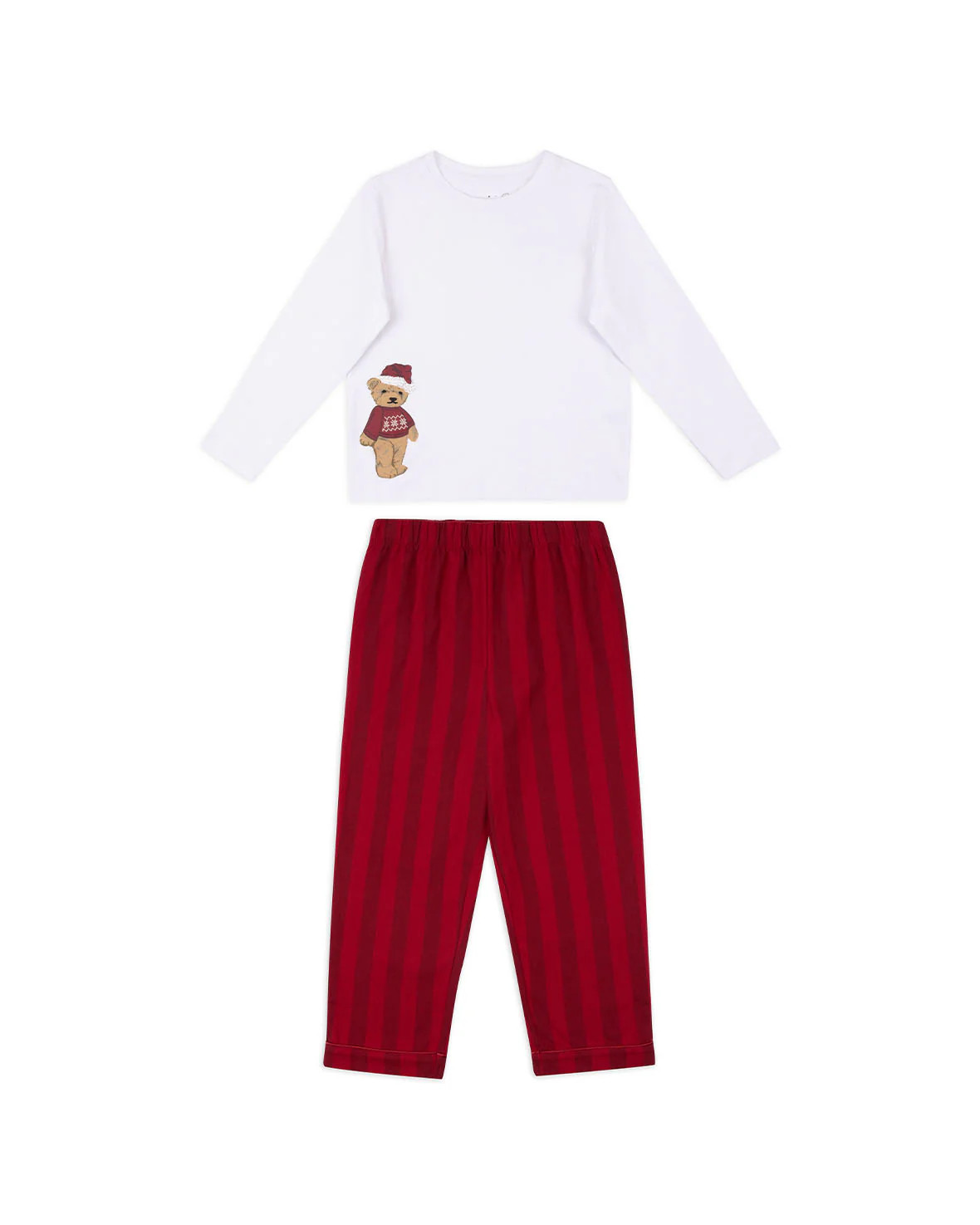 Kids Peers the Bear Print Organic Cotton Stripe Long Pyjama Set - Red | Chelsea Peers NYC