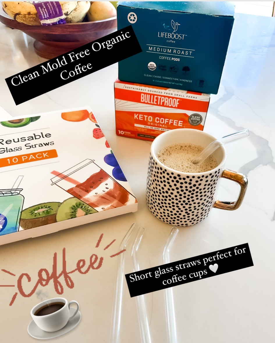 Clean organic mold free toxin free coffee. Short glass straws perfect for coffee cups  