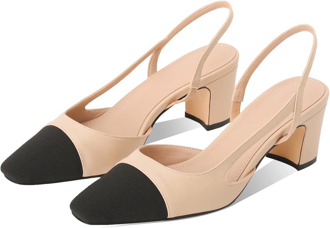 Adrizzlein Womens Slingback Heeled Pumps Closed Round Toe Block Heels Two Toned Casual Chunky Heels  | Amazon (US)