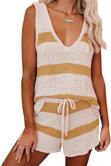 Womens Summer 2 Piece Outfits Sexy Sheer Romper Stripe Jumpsuit Casual Strappy Tie Waisted Beach ... | Amazon (US)