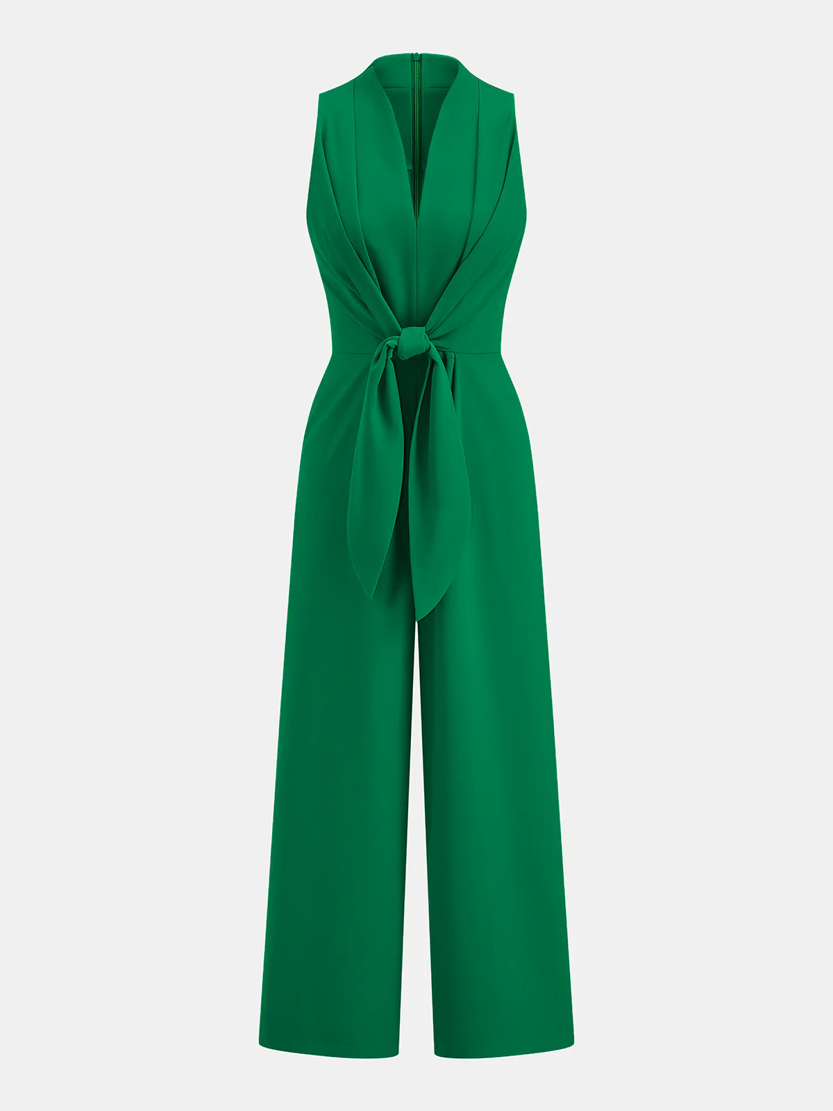 Sleeveless V-Neck Tie Waist Wide-Leg Jumpsuit | Commense