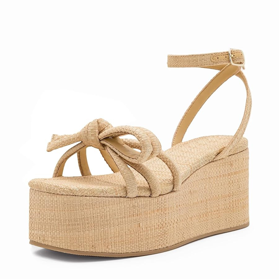 Raffia Platform Sandals for Women,Bow Ankle Strappy Espadrille Wedges Sandals Comfortable Square ... | Amazon (US)