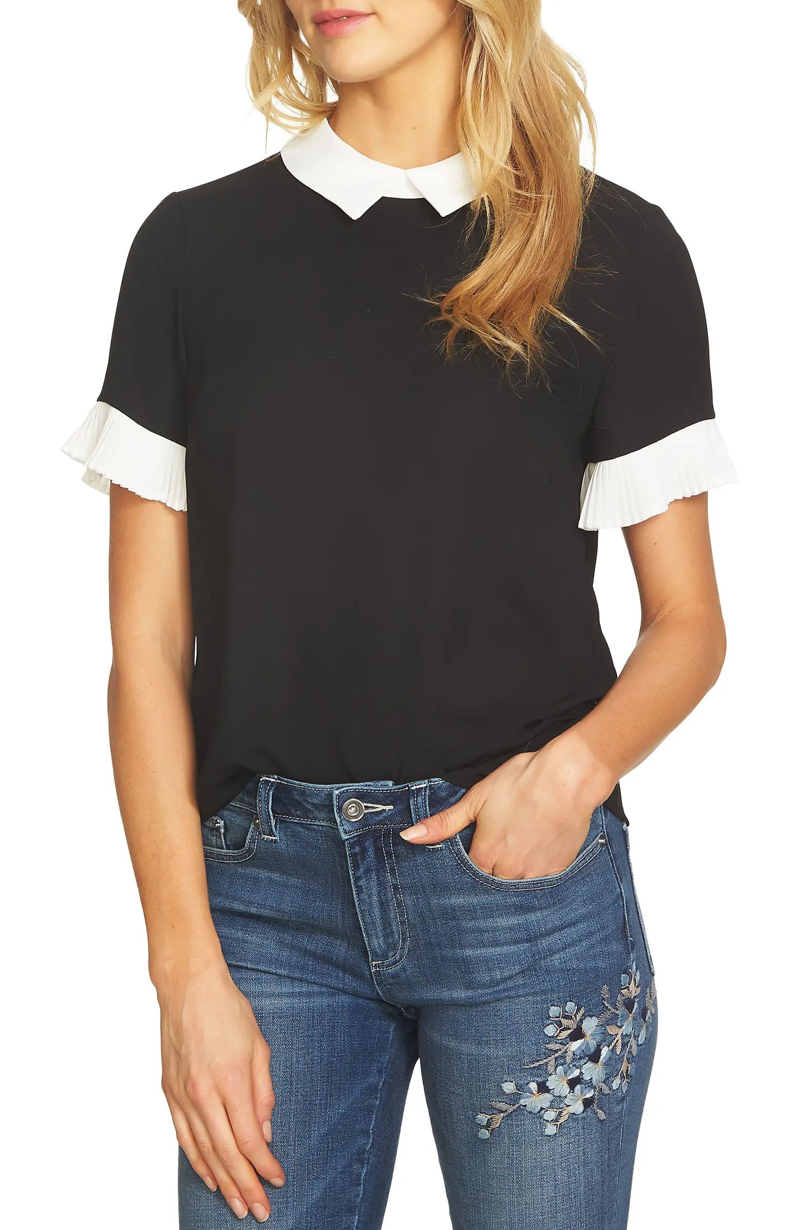 Pleat Sleeve Collared Crepe Blouse | Nordstrom
