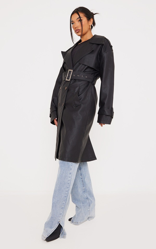 Black Faux Leather Statement Buckle Trench Coat | PrettyLittleThing UK