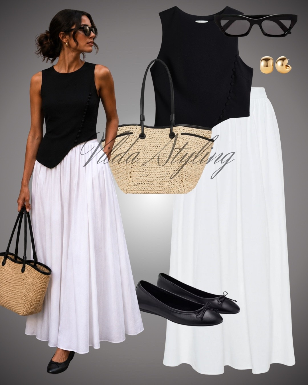 Timeless black & white 🤍🖤 A feminine maxi skirt paired with a chic structured top, ballet flats, and raffia details for an effortlessly elegant summer look

#LTKsummer #LTKstyletip #LTKworkwear
