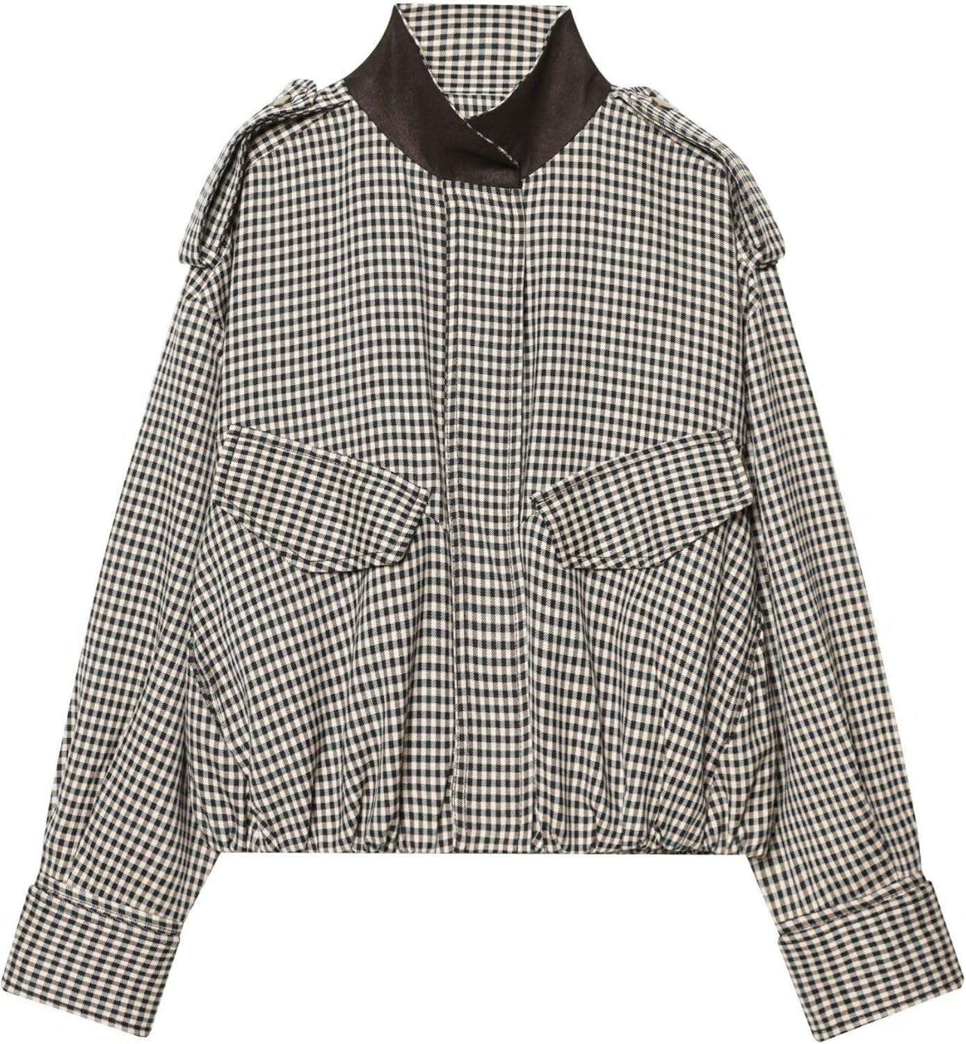 Xunger Women’s Plaid Bomber Jacket High Neck Color Block Coat Casual Long Sleeve Streetwear Outerwear with Pockets | Amazon (US)