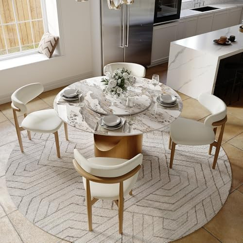 POVISON Modern Dining Table Set with Lazy Susan, 51" Sintered Stone Dining Table with 4 Dining Chairs Set, Pandora Sintered Stone Tabletop with Bronze Carbon Steel Pedestal | Amazon (US)
