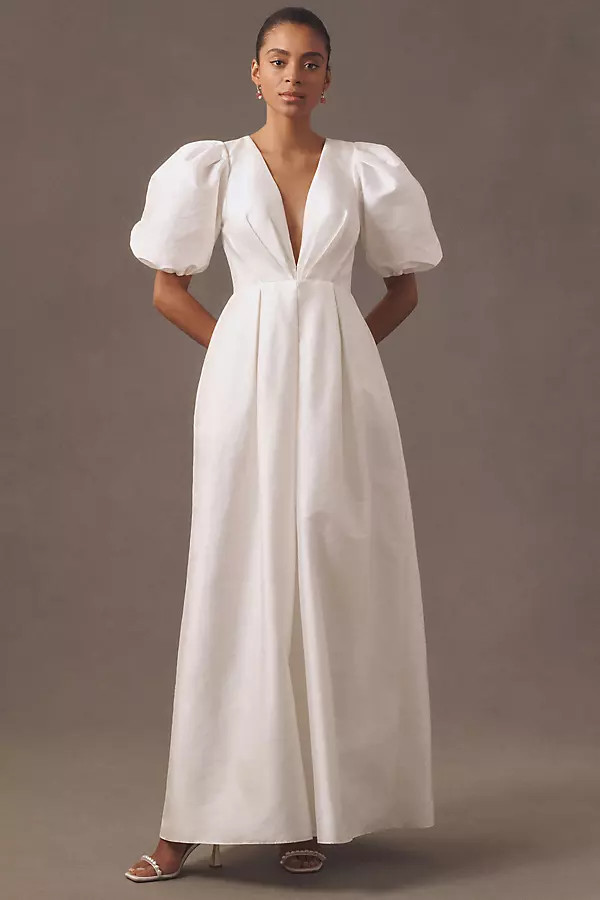 Watters Bungalow Puff-Sleeve Deep-V Taffeta Maxi Dress | Anthropologie (US)