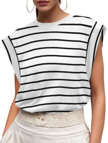 GRECERELLE Women 2025 Cap Sleeve Tops Summer Casual Tee Shirt Loose Crew Neck Basic Tank Trendy Vacation Outfits, White Black Stripe, Medium | Amazon (US)