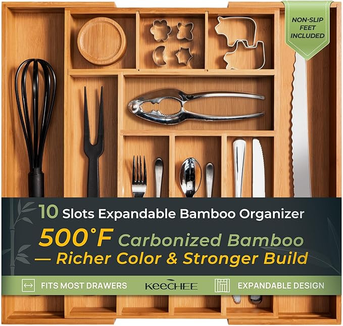 Carbonized Bamboo Kitchen Drawer Organizer, 10 Slots Expandable Silverware Organizer, Utensil Hol... | Amazon (US)