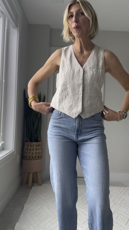 Spring staples from Madewell! Linen vest + light wash, wide leg jeans. I love this easy + elevated look for this summer.

Wearing size 4 vest + 27 tall jeans 

#LTKOver40 #LTKVideo #LTKxMadewell