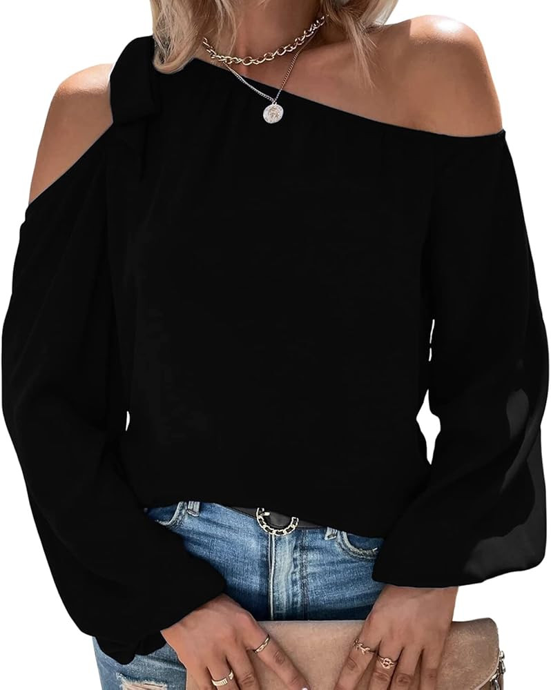 Beisinuo Women's Off Shoulder Tops Long Puff Sleeve Asymmetric Neck Shirts Bow Knot Tie Blouse | Amazon (US)