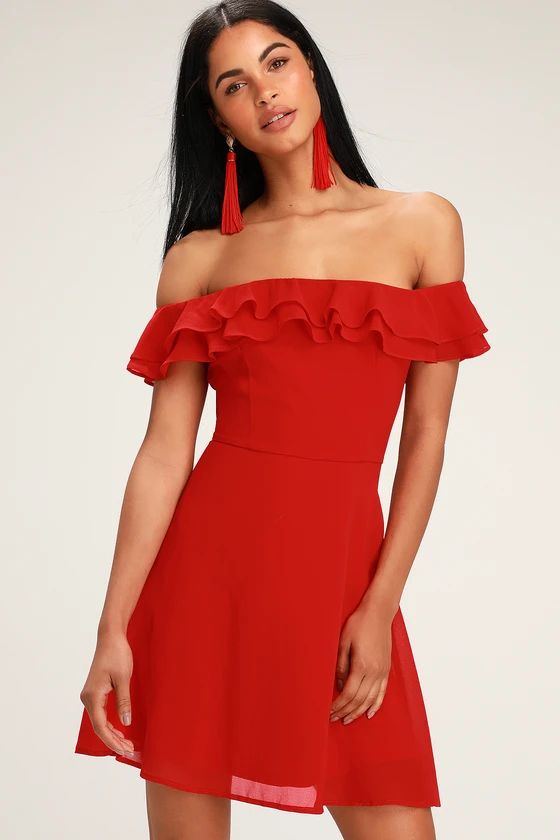 Win Your Heart Red Ruffle Off-the-Shoulder Skater Dress | Lulus (US)