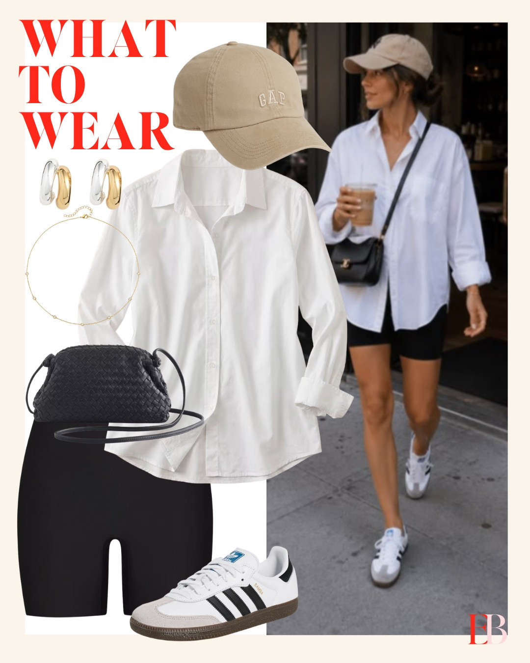 My errand-day uniform, perfected. 🖤 Oversized white button-down, black bike shorts, and the Sambas I refuse to stop wearing. Add a cap and an iced coffee and you're set for the whole day. 

 #LTKootd #LTKmomlife #LTKmorningroutine