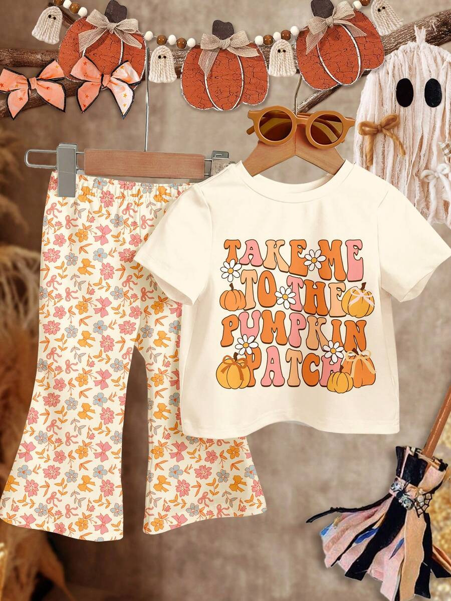 SHEIN Autumn Colorful Peach Orange, Cute Halloween Pumpkin, Flower, Leaf, Bow Pattern, "Take Me T... | SHEIN