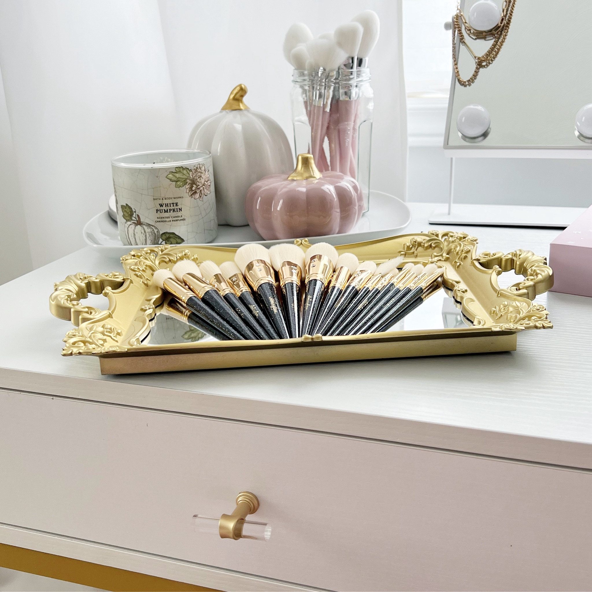 Fall makeup vanity inspo!
Makeup brushes from SL Miss Glam Beauty 🖤🎀
Glass jar for pink brushes was reused Bonne Maman Jam jar 😂 750ml & honestly works so well! 

#LTKSeasonal #LTKBeauty #LTKHome