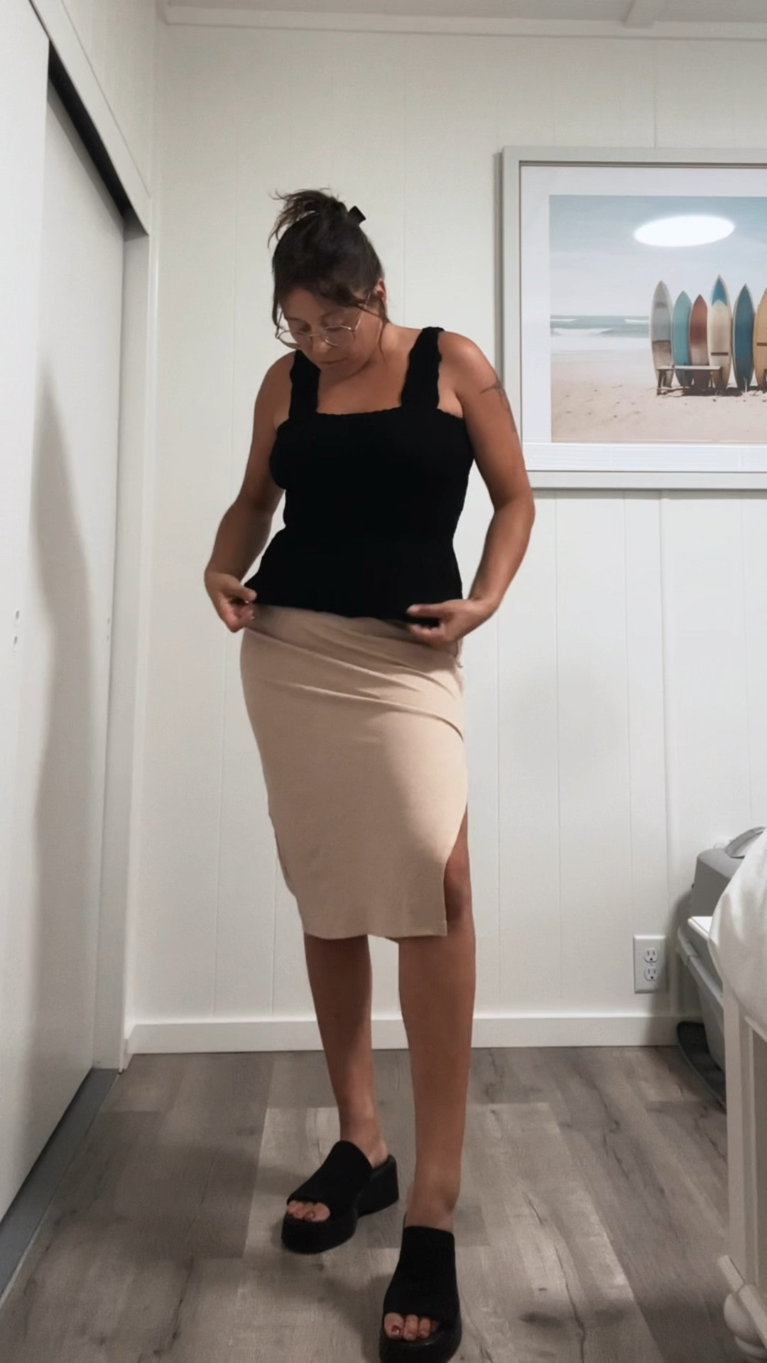 Feel sexy in this long tan slitted maxi skirt, black ruffle sleeved tank, and 90s style platform slip one 🖤 

#LTKShoeCrush #LTKSaleAlert #LTKSeasonal