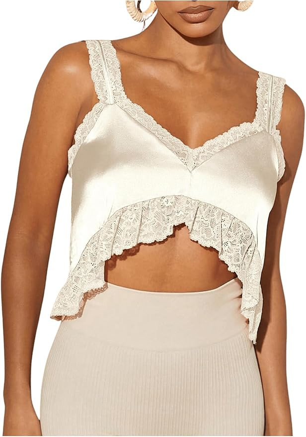 Verdusa Women's Floral Lace Ruffle Tank Top Asymmetrical Sleeveless Wide Strap Satin Micro Crop T... | Amazon (US)