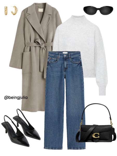 Outfit idea! Details below:
-Tie-belt wool coat in beige from H&M
-Grey mock neck sweater from Aritzia 
-High rise medium wash wide leg jeans from H&M
-Black slingbacks from H&M
-Coach tabby shoulder bag 26 in black pebble leather 
-Croissant dome hooped earrings from Mejuri 
-Celine Triomphe 52mm sunglasses in black acetate 

Fall outfit/winter outfit 

#LTKstyletip #LTKCyberWeek #LTKSeasonal