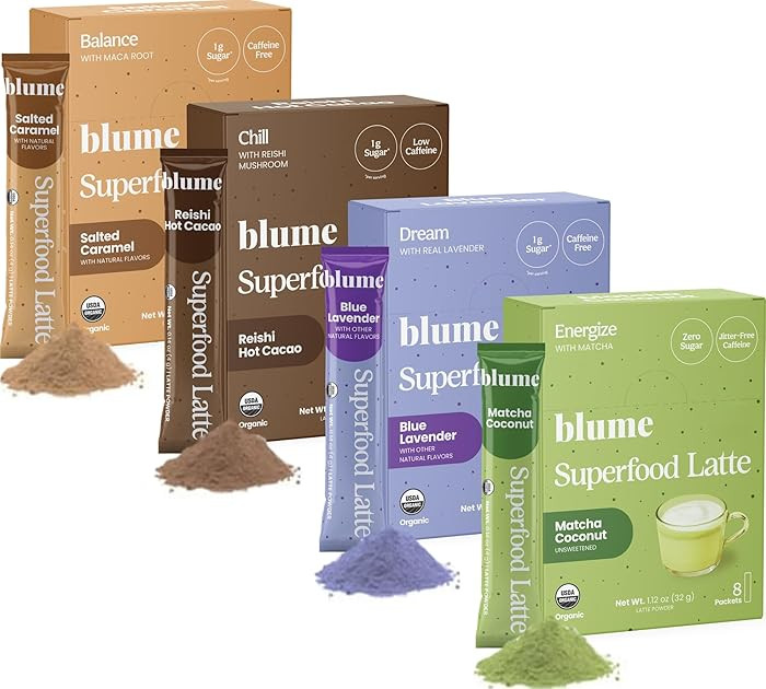 Blume Latte Variety Pack | Calming Blue Lavender Tea, Soothing Reishi Hot Cacao, Energizing Match... | Amazon (US)