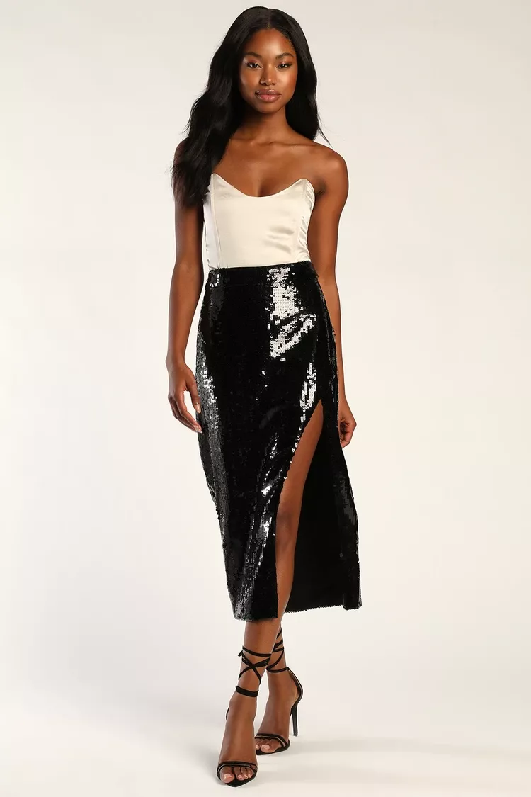 Most Radiant Rose Gold Sequin Fringe Midi Skirt