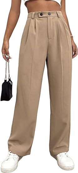 SweatyRocks Women's Casual Straight Leg Tailored Pants Solid Plicated Detail Zipper Fly Pants | Amazon (US)