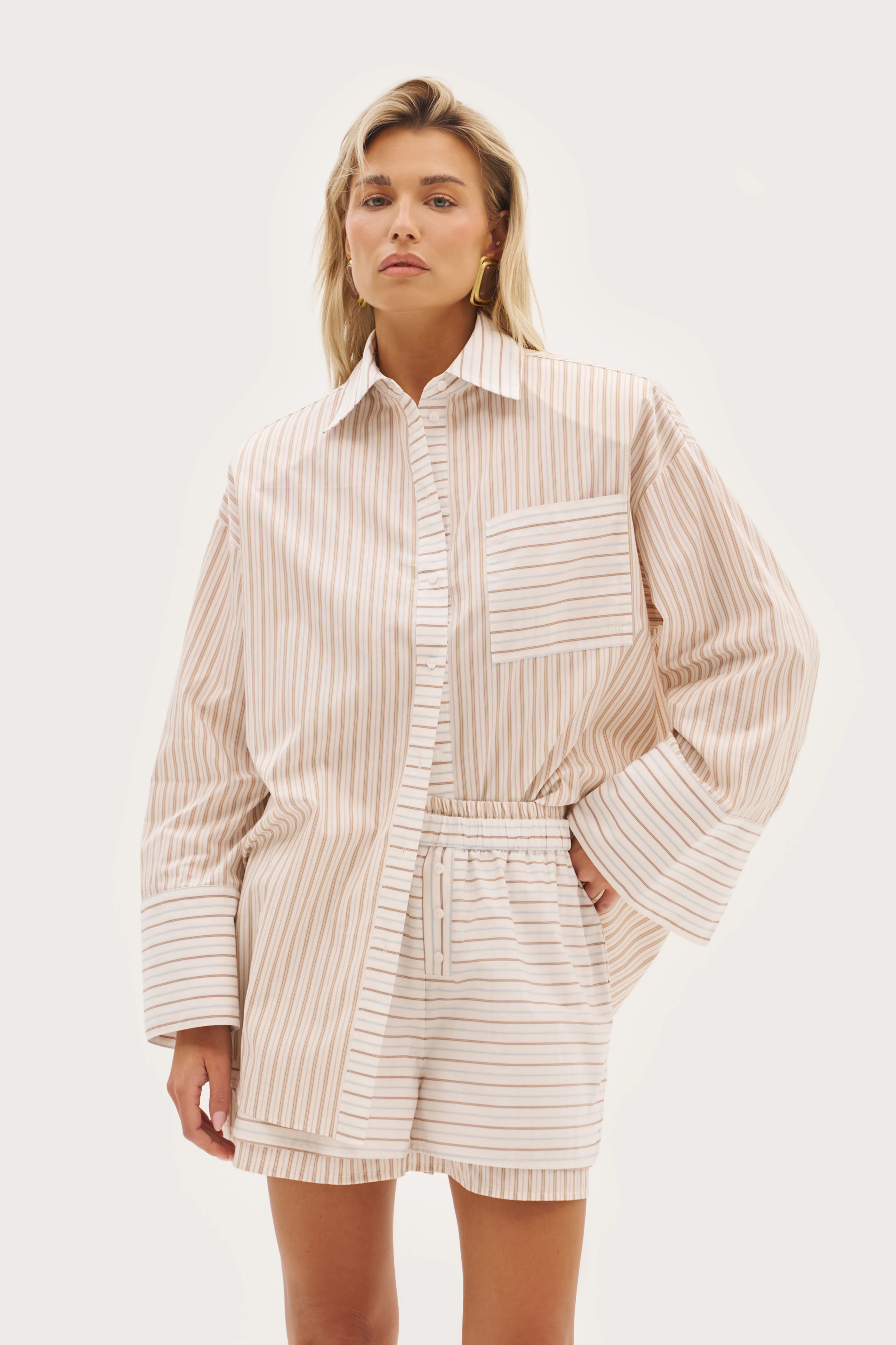 Maebe St Tropez Pinstripe Oversized Shirt - Beige | Maebe UK